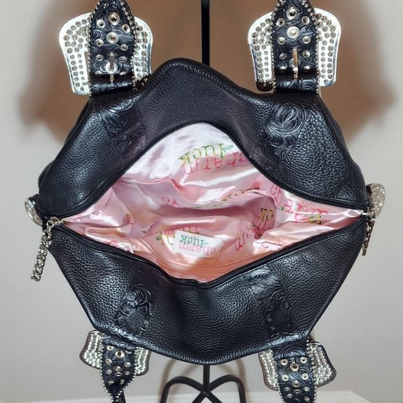 Charm and luck black genuine learher weatern rhinestone buckle handbag - Picture 5 of 6